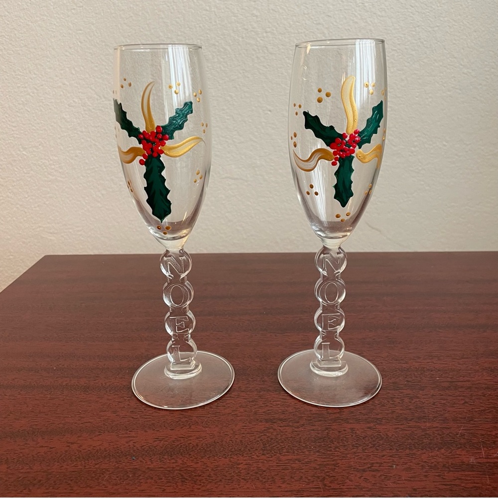 Vintage Set of 2 Hand Painted Christmas Noel Champagne Flutes